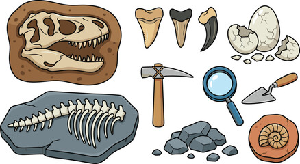 Paleontology and Dinosaur Fossil Vector Set with Tyrannosaurus Skull, Skeleton Bones, Eggs, Shark Teeth, Ammonite, Pickaxe, and Magnifying Glass Icons © Lal