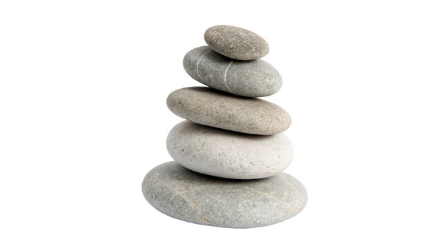 Balanced vertical stack of smooth grey pebble zen stones isolated on transparent background