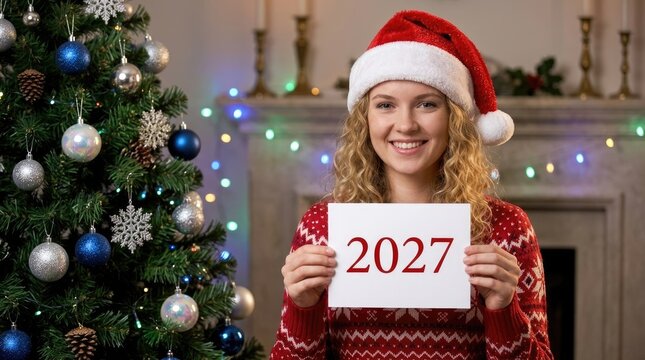 Festive lady portrait: Happy New, Year 2027, hold card, smile face, decorate tree, wear sweater, cozy fireplace, red hat, bright light, pine cone, silver ball, winter holiday.