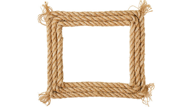 Isolated rustic natural fiber rope forming a classic square frame with loose frayed ends.