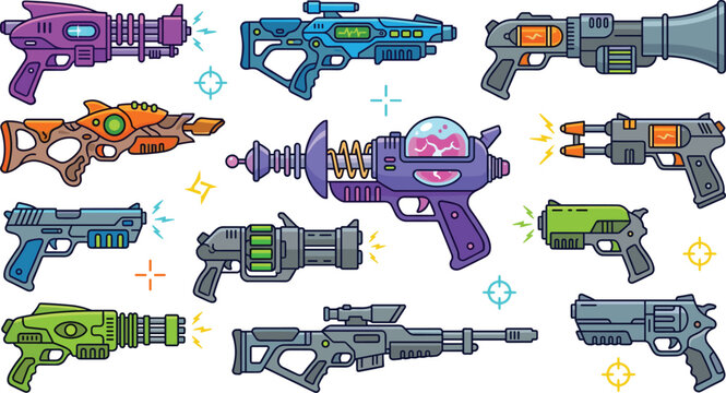 Sci Fi Laser Gun Vector Set Featuring Futuristic Space Rifles, Alien Rayguns, Plasma Pistols, and Weapon Sparks for Game Design