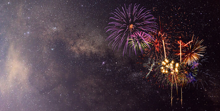 Fireworks with blur milky way background