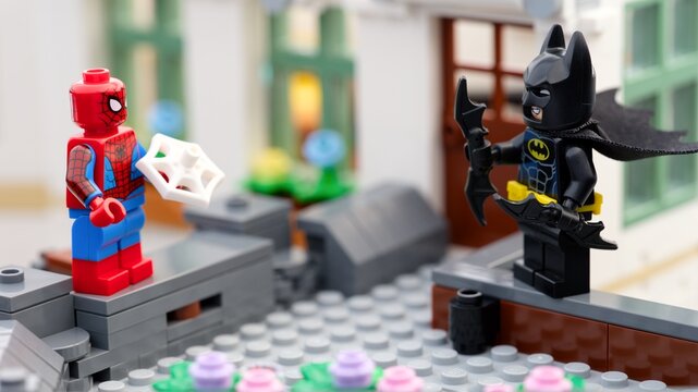 Tambov, Russian Federation - August 23, 2026 A close-up shot of Lego Spider-Man holding a web piece and Batman wielding batarangs while standing opposite each other on a brick rooftop.