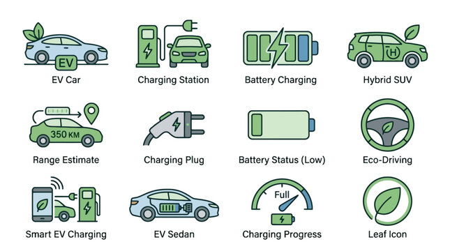 Electric Vehicle Charging Icons KFA Pro Sustainable Transport Technology Set