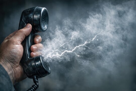 A person holds a phone with a bolt protruding from the screen, likely representing a technical issue or repair