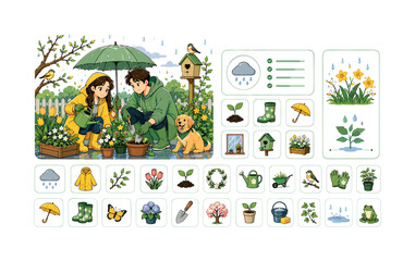 Naklejka premium Couple gardening in the rain with their dog and spring flowers