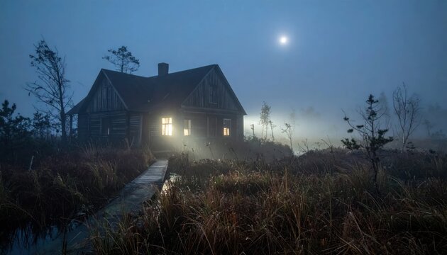 Mysterious wooden cabin in foggy swamp at night under moonlight, with glowing windows and a wooden boardwalk.