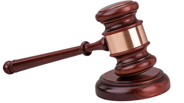 Isolated dark wooden gavel and block representing law, justice, authority, and judgment