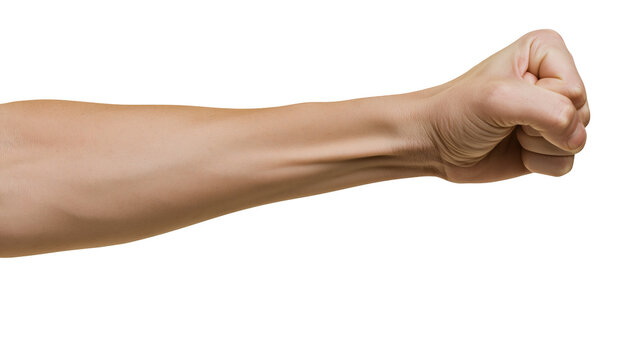 Isolated strong male arm with clenched fist, muscle power, determination and strength concept