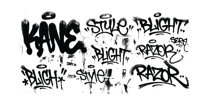 Black and white graffiti tags set with various words written in street art spray paint style