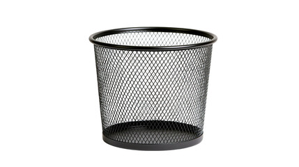 Isolated black mesh metal wastebasket, empty round office garbage bin or desktop pen holder © Gabriel