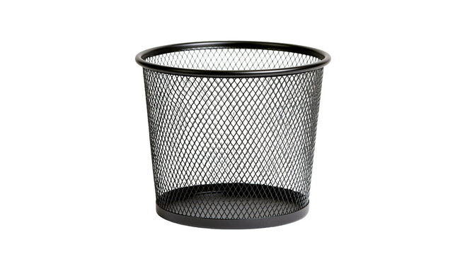 Isolated black mesh metal wastebasket, empty round office garbage bin or desktop pen holder