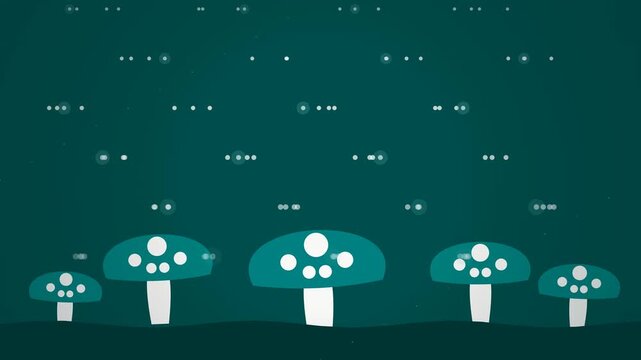 Minimalist Forest Mushrooms Motion Design Graphic Flat with Floating Glowing Light Particles Background for Fantasy Nature Theme
