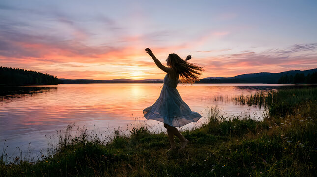 Woman silhouetted against a vibrant sunset over calm water enjoying freedom
