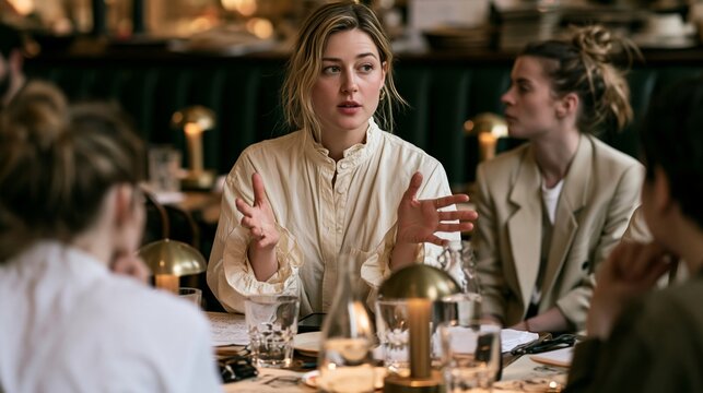 Confident young woman leading discussion during a dinner party in a restaurant
