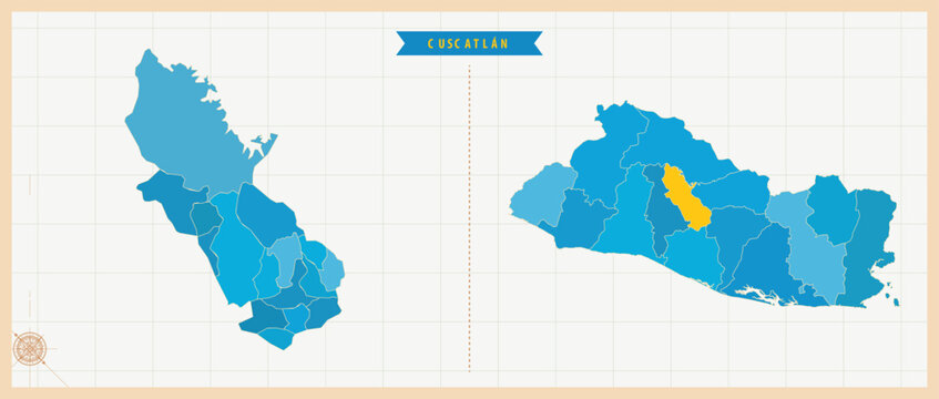 A Map Highlighting Cuscatl&aacute;n in El Salvador, Modern Administrative Map with Colorful High-Detail Vector Design and Geographic Boundaries
