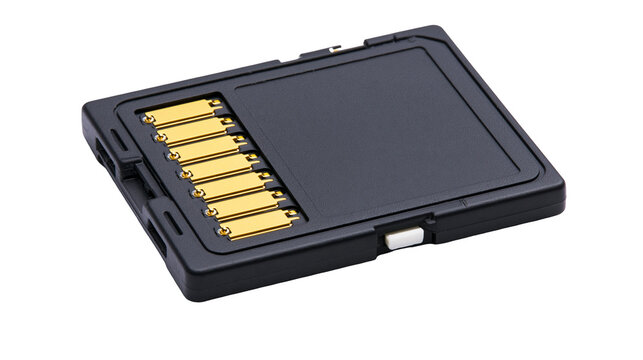 Isolated black digital memory card adapter with bright gold contacts and white lock switch