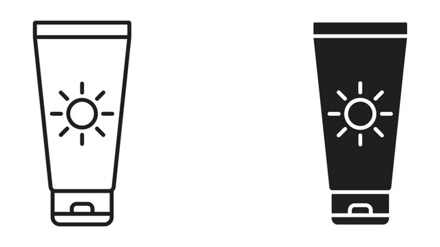 Sunscreen lotion tube icons with sun graphic in line and solid styles sun protection sun cream sunblock icon skincare icon cosmetic tube beauty product sun care