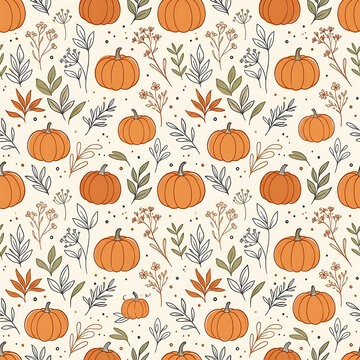 Autumn seamless pattern with pumpkins, leaves, and botanical doodles on beige background