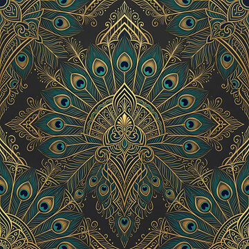 Ornate luxury art deco seamless pattern with golden peacock feathers and mandala on dark background