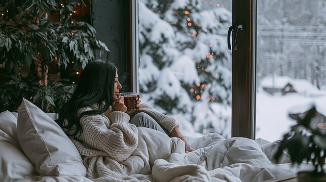 Woman relaxing in bed with hot drink watching snowy winter landscape outside the window