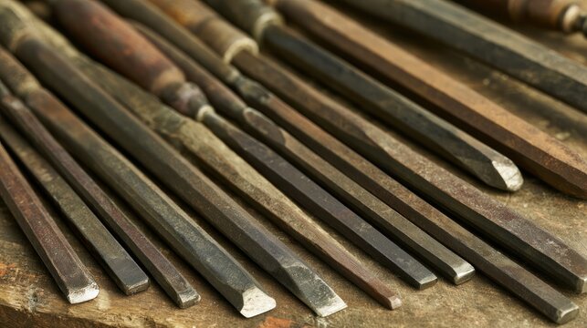 Sculptor's chisels and tools laid out on workbench, detail