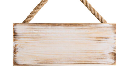 Isolated blank rustic distressed wooden sign board hanging from natural braided rope © Gabriel