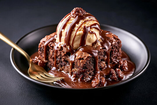 Brownie &Atilde;&nbsp; la mode warm fudge brownie, melting vanilla scoop, chocolate drizzle., sunken center, no crust 