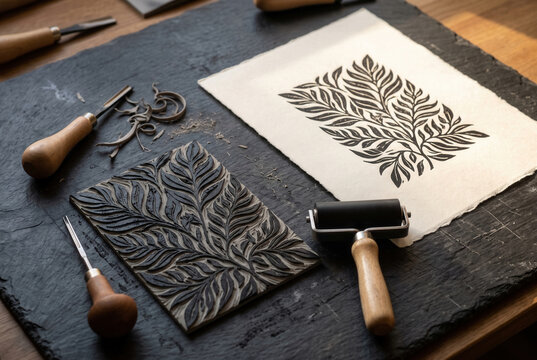 Botanical Printing Block with Paper Print and Carving Tools