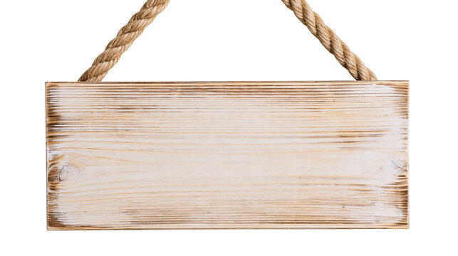 Isolated blank rustic distressed wooden sign board hanging from natural braided rope
