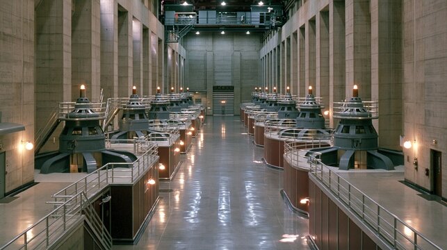 Powerhouse Interior: Turbine Generators and Luminous Lighting