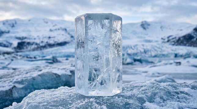 A clear ice cylinder stands on a frosty surface with a glacial landscape in the background