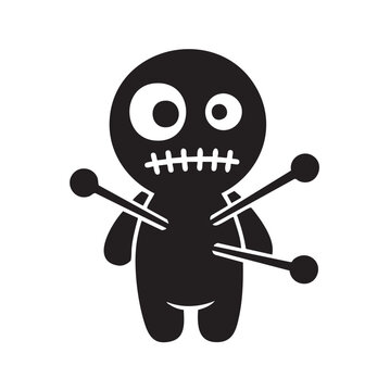 A black voodoo doll silhouette stands against a white background depicted in a simple vector style