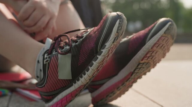 Woman adjusts her pink and black running shoes while seated outdoors focusing on detailed texture of athletic footwear. close up emphasizes hands working with shoelaces against blurred