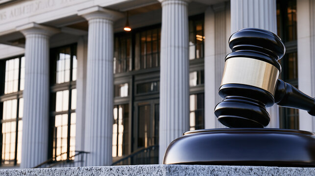Dark wooden judge gavel against imposing courthouse columns representing legal authority, judicial proceedings, court rulings, justice and the rule of law