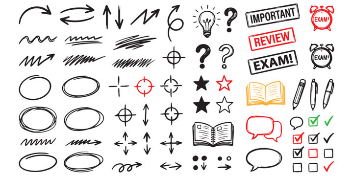 Set of hand drawn sketch elements arrows circles shapes and education icons