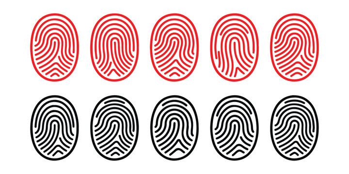 Set of black and red fingerprint icons for security and identification digital technology concepts