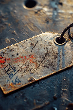 A single metal tag attached to another metal surface, ideal for use in industrial or mechanical context. vertical frame