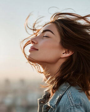 A close-up side-profile portrait captures a young woman on a city rooftop at sunset with eyes gently closed as the wind lifts her hair around her face.