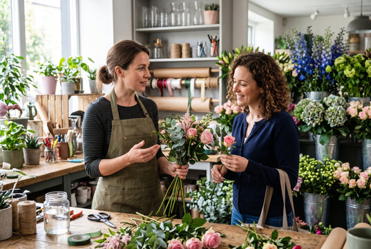 Smiling woman customer choosing fresh pink rose bouquet from florist in floral boutique shop