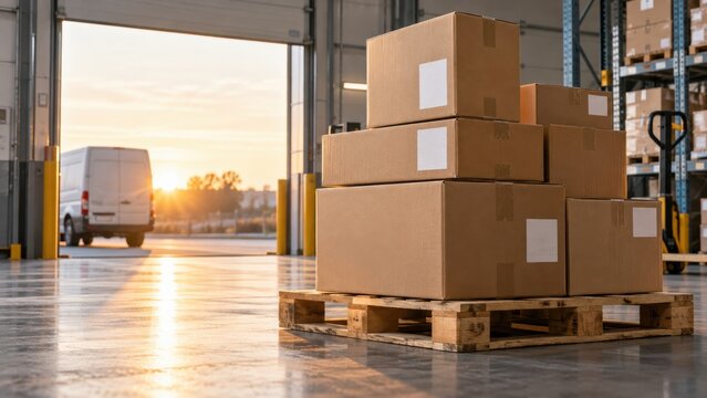 Boxes stacked on a pallet in a warehouse with a delivery van outside at sunset