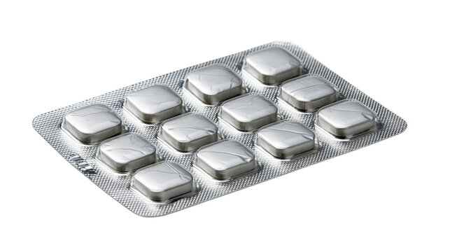 Isolated silver blister pack with ten shiny square pills or tablets for medication