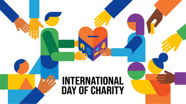 International day of charity vector illustration featuring diverse people contributing colorful geometric heart shaped donation boxes to support global humanitarian efforts with bright vibrant shapes 