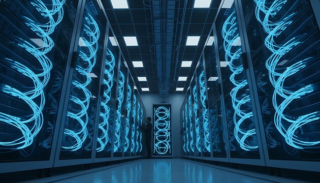 Modern data center server racks with glowing blue fiber optic cables and network connections