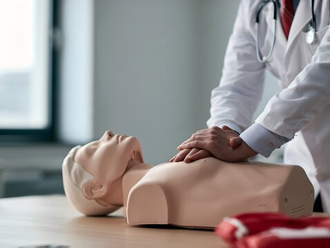 訓練用人形で心臓マッサージを実演する白衣の指導者、救命講習の接写