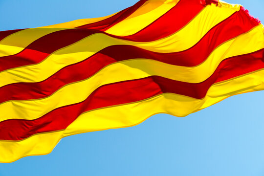 Spain, Catalonia, Costa Brava, Begur.  Close up of the Catalonian flag.