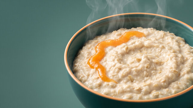 Hot bowl of oatmeal with honey drizzle on a teal background  