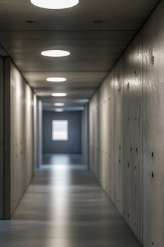 A long corridor with a bright light at the end, ideal for use in architecture, interior design, or mystery scene photography. vertical frame