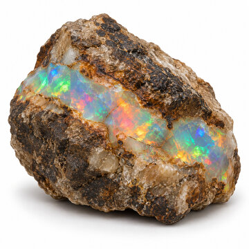 Raw opal with iridescent veins in host rock isolated on white background