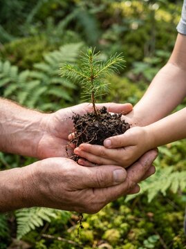 Hands hold a young conifer seedling with soil, symbolizing forest restoration, reforestation, conservation, and long-term environmental stewardship.